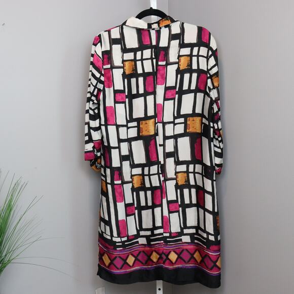 Jonathan Martin Ruffle Front Dress Women’s Size 14 Black Pink Geometric Print - Picture 2 of 8